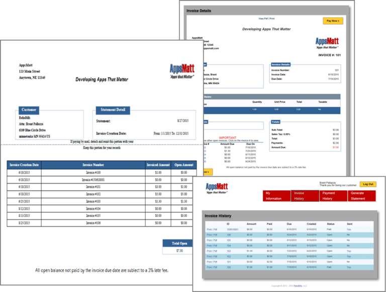 A display of invoice and billing reports of ReliaBills software