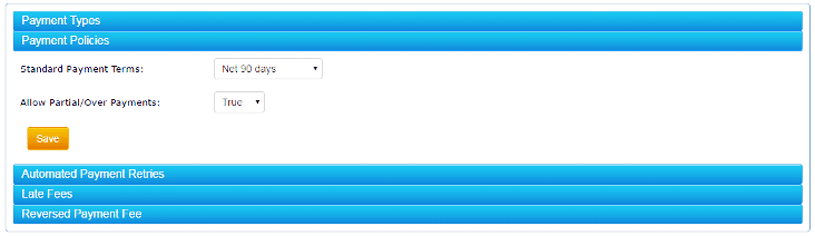 Payment policies dashboard where you can set if you allow partial payments and standard payment terms