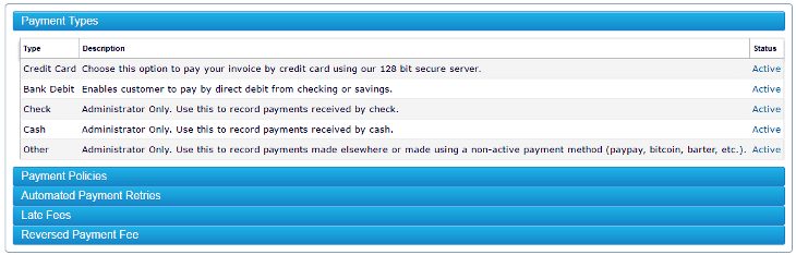 In the Payment Types dashboard, this is where the type of payments that ReliaBills accepts when sending an invoice